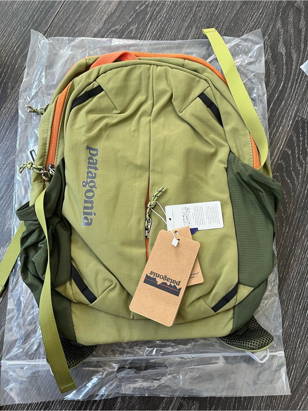 Patagonia Olive Green Backpack with Orange Zippers